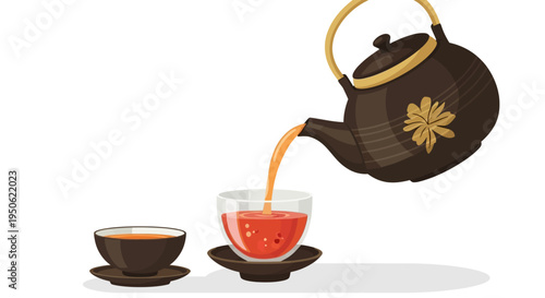 Pouring Hot Tea from Traditional Pot into Glass Cup, Asian Tea Ceremony