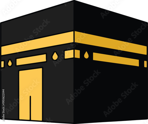 Kaaba Holy Site in Mecca Flat. Flat design vector illustration of the sacred Kaaba, the iconic cubic building in Mecca. Ideal for cultural, religious, and educational digital content.