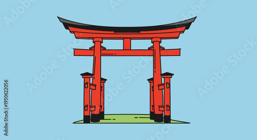 Red Torii Gate Illustration, Traditional Japanese Shrine Entrance