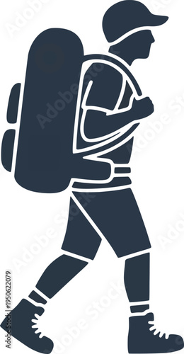 Hiker Walking with Backpack Outdoor Adventure. A flat design vector illustration of a person hiking with a backpack. This graphic conveys outdoor adventure and travel