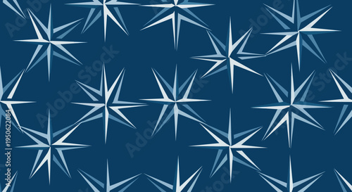 Seamless Nautical Star Pattern on Dark Blue Background - Marine Compass Rose Design