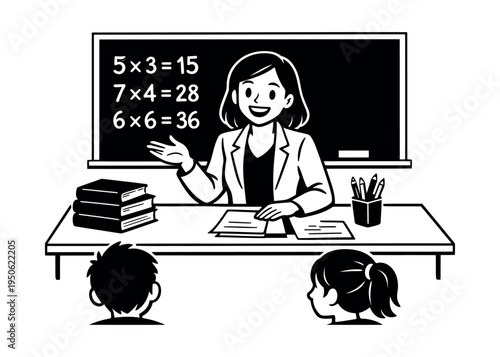 Teacher standing by a desk, teaching multiplication on a chalkboard to young students, focusing on school education and learning