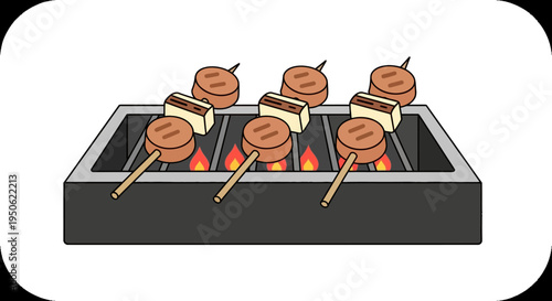 Barbecue grill with skewers of meat and cheese cooking over flames