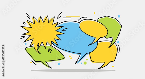 Colorful Speech Bubbles and Starburst Exploding, Communication Concept