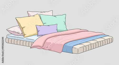 Cozy Bed with Colorful Pillows and Blankets, Soft Comfort, Relaxation