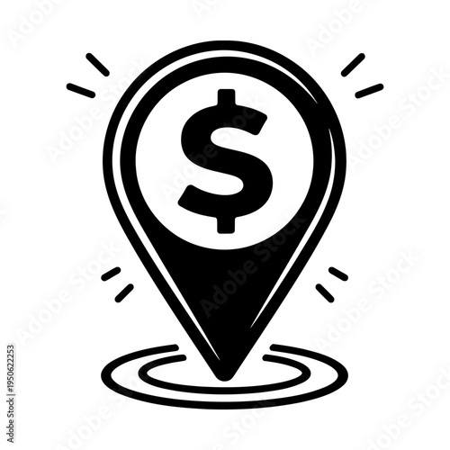 Dollar sign inside a map pin icon with radiating lines, illustrating financial locations, business spots, and investment opportunities