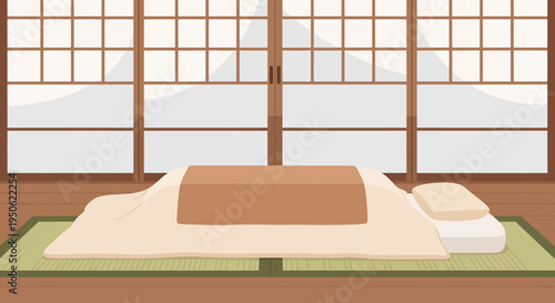 Cozy Japanese Kotatsu Table with Tatami Mat and Mountain View