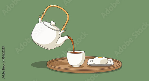 Cozy Morning Tea Pouring Scene with Japanese Mochi on a Tray