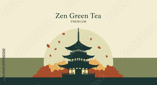 Zen Green Tea Pagoda Silhouette at Sunset with Falling Leaves