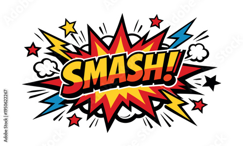 Pop art style SMASH! onomatopoeia exploding from a speech bubble with stars and lightning, symbolizing impact and energy