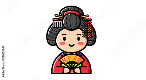 Cute Geisha Cartoon Character Holding a Fan, Japanese Traditional Woman Icon