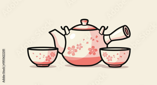 Cute Cherry Blossom Teapot and Cups Set, Japanese Tea Ceremony Illustration