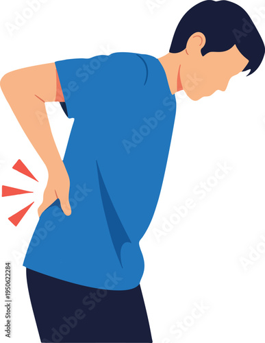 man with back pain flat. A man clutching his lower back in pain, illustrating a common health issue, suitable for medical, educational, or advertising use.
