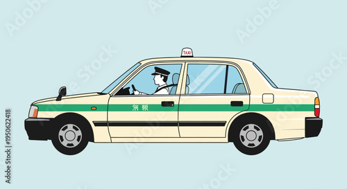 Japanese Taxi Driver in Classic Cream Car with Green Stripe