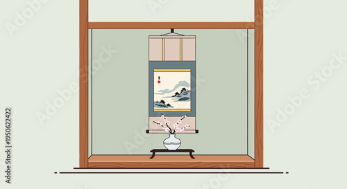 Japanese Scroll Painting and Cherry Blossoms in Alcove