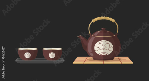 Japanese Tea Set: Teapot and Cups on Bamboo Mat, Traditional Ceramic Ware