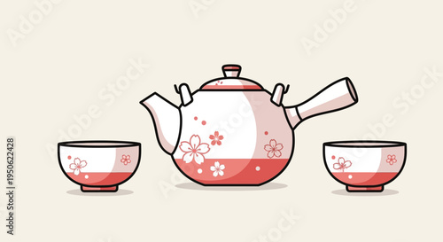 Japanese Tea Set with Cherry Blossoms - Teapot and Cups