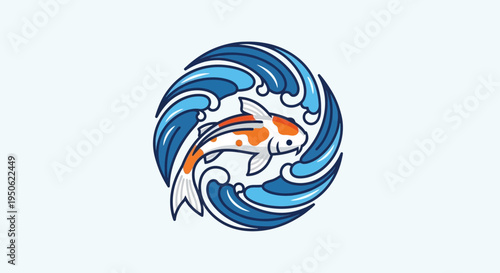 Koi Fish Swimming in Circular Blue Waves Emblematic Design