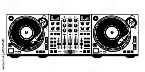 Double dj turntable setup with a mixing console in the center for scratching, blending, and creating electronic sound