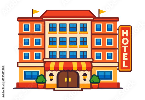 Hotel building featuring a welcoming entrance with striped awning, an elegant design, and visible HOTEL sign