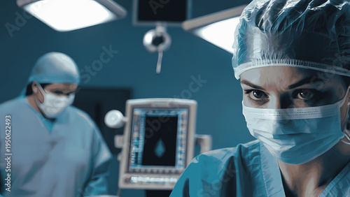 surgeons in blue scrubs, medical equipment in operating room with anesthesia machines