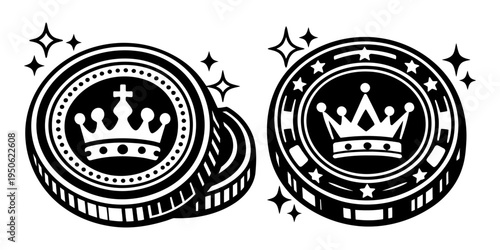 Pair of shiny casino chips or coins with king crowns, representing wealth, power, success, and luxury in a simple vector illustration