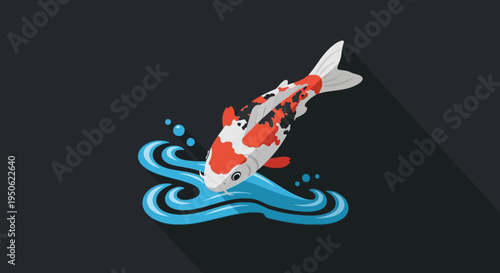 Vibrant Koi Fish Leaping Through Stylized Blue Waves, Asian Culture Symbol, Vector Art
