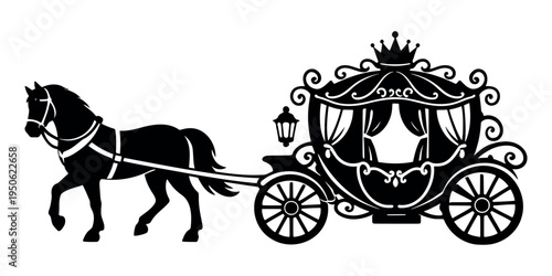 Horse pulling an ornate royal carriage with a crown, presented as a black silhouette. Representing luxury, fairy tales, and classic transport