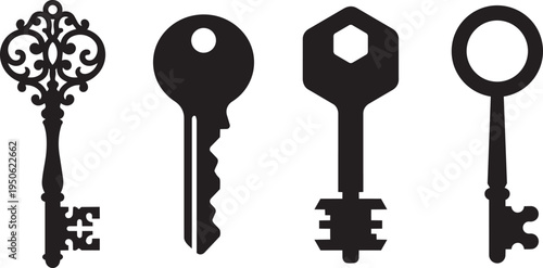 Collection of four different silhouette keys, including ornate and modern styles
