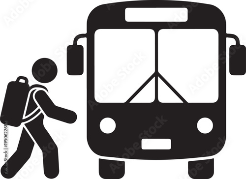 A student with backpack walking towards a school bus icon