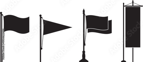 Vector illustration set of gray flag silhouettes on poles including waving shapes pennant and banner icon