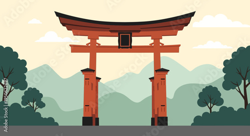 Vibrant Torii Gate Entrance with Misty Mountains and Lush Greenery