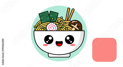 Cute Kawaii Ramen Bowl Character with Chopsticks and Mushroom