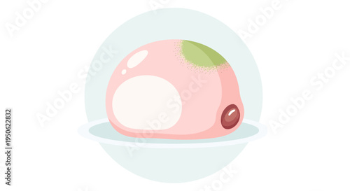 Cute Pink Mochi Dessert with Green Matcha Spot and Red Bean
