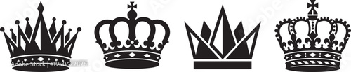 Set of four black royal crown silhouettes and heraldic diadem icons for queen king or princess luxury art