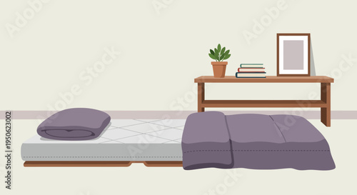 Minimalist Bedroom: Unmade Bed, Pillow, Books, Plant, and Picture Frame