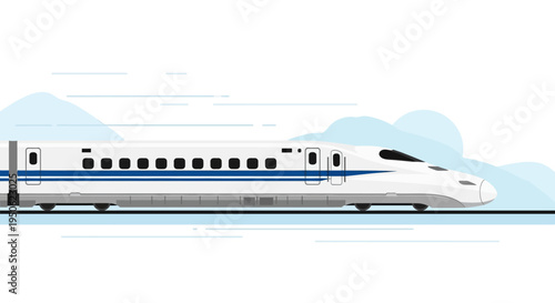 Modern High-Speed Bullet Train Traveling on Tracks with Blue Sky and Clouds