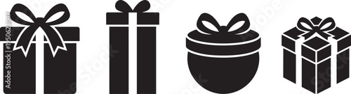 Four different gift box icons with ribbons and bows, simple line art graphic design