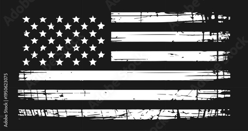 High Contrast Black American Flag Silhouette with Clean Tattered Line Cutouts for Modern Graphic Design