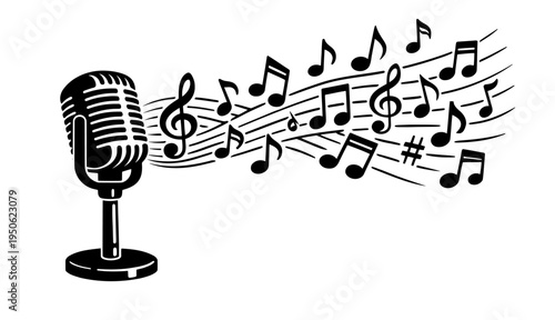 Microphone capturing sound and releasing music notes, representing audio recording, live concert, podcasting, and entertainment media