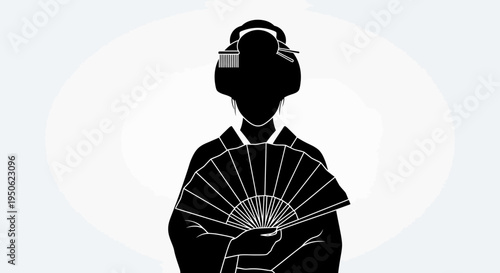 Silhouette of Japanese Geisha with Fan, Traditional Kimono, Elegant Hairstyle, Minimalist Black and White