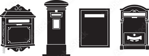 Collection of stylized vector graphic silhouettes of four different types of mailboxes