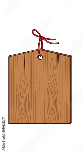 Wooden Ema Prayer Plaque with Red Ribbon Knot on White Background