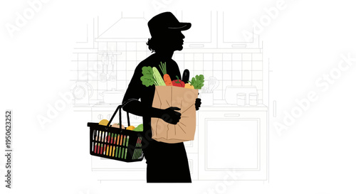 Silhouette of a person wearing a cap carrying a brown paper grocery bag and a plastic shopping basket filled with fresh vegetables in a minimalist line art kitchen background.