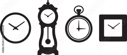Collection of various clock illustrations: round wall clock, grandfather clock, pocket watch, and square
