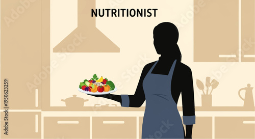 Silhouette of a professional female nutritionist wearing an apron, holding a plate filled with colorful fresh fruits and vegetables in a minimalist kitchen interior with text.