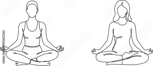 Continuous line drawing of woman in lotus yoga meditation pose, minimalist yoga line art vector illustration