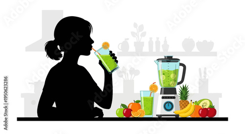 Profile silhouette of a woman drinking a green vegetable smoothie with a straw, featuring a kitchen blender and fresh fruits like bananas and apples on a counter.