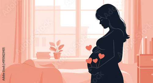 Silhouette of a pregnant woman standing in a room with soft peach tones, holding her abdomen decorated with floating heart shapes, featuring a window and indoor plant in the background.