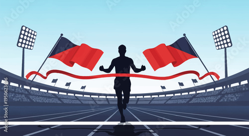 Silhouette of a male runner crossing a red finish line tape in an athletics stadium with large flags and floodlights. Flat vector illustration of track and field sports competition.